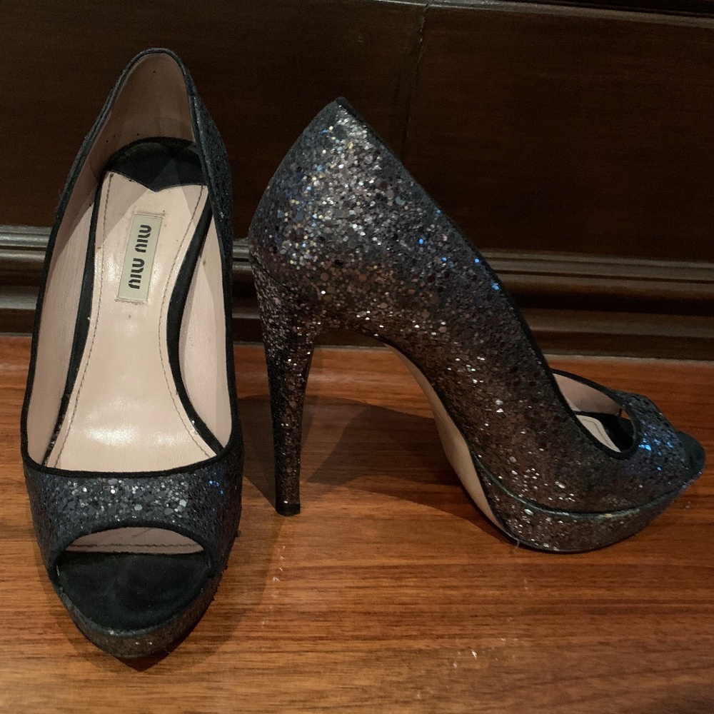 Puter Glitter Mui Mui Peep Toe Heels